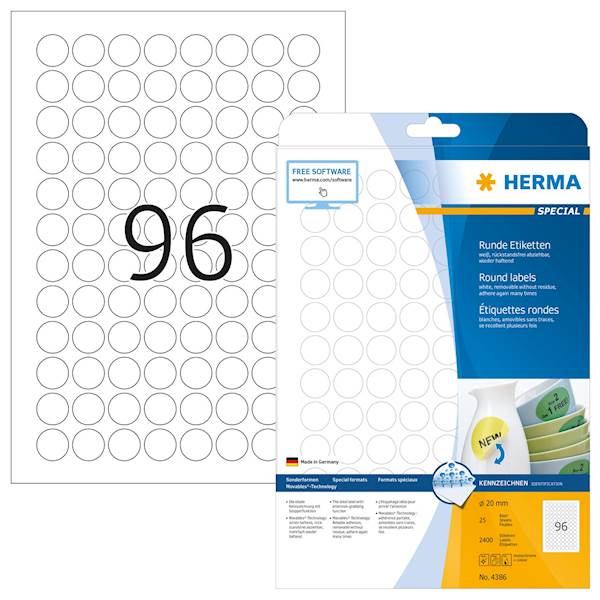 Herma etikete Superprint Removables, fi 20 mm, 25/1