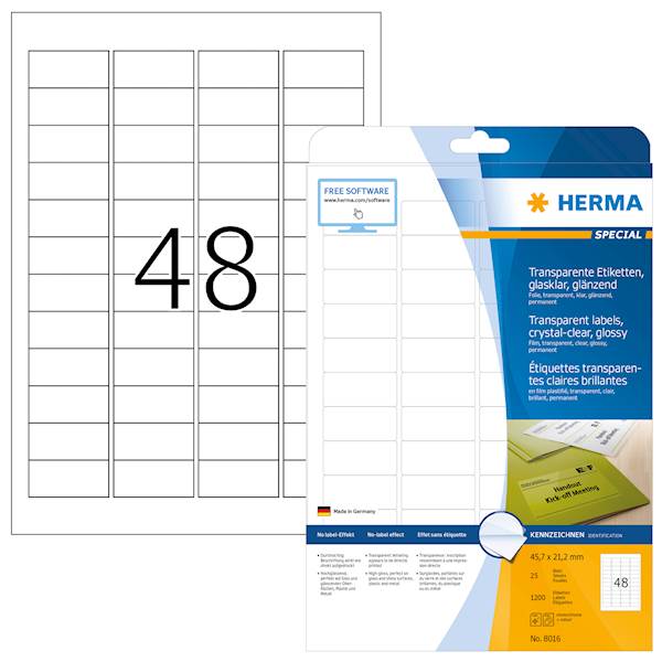 Herma etikete Superprint Special, 45,7x21,2 mm, 25/1, prozorne
