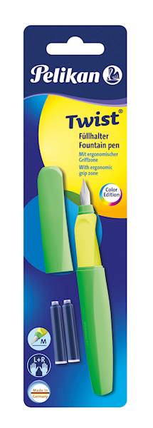 Pelikan nalivno pero Twist + 2x črnilni vložki, Neon zeleno, na blistru